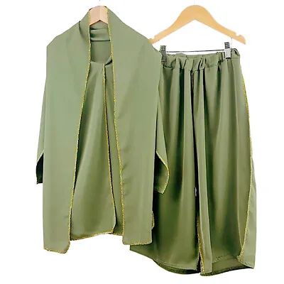 Girls Kids Sage Khaki/ Gold Long Sleeve Abaya With Trouser 2 Piece Set UK • £17.99