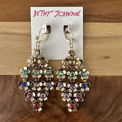 Betsey Johnson Love Fest Flower Chandelier Dangle Earrings W Multicolor Crystals • $41.84