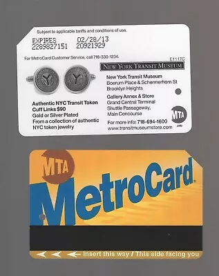 2012  NYC  AUTHENTIC TRANSIT TOKEN CUFF LINKS     METROCARD  Metro Card Exp.2013 • $3