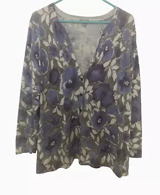 J. Jill Purple Floral V-Neck Cardigan Sweater Womens XL Silk Cashmere Blend • $19.55