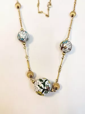 Vintage White Flower Cloisonne Bead Necklace Gold Beads 32  1/20-12  • $32.99