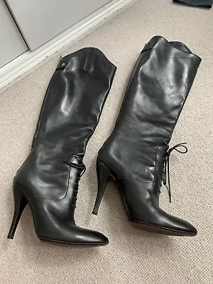 £125 • Buy Gucci Black BETIS Glamour Lac Up Leather Knee High Boots 38.5