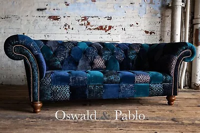 Handmade Unique 3 Seater Navy Blue Velvet Fabric Patchwork Chesterfield Sofa • £2195