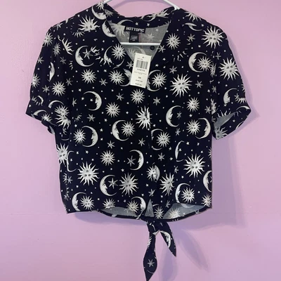 Y2k Celestial Moon Stars Button Collar Top Shirt Goth Gothic Hot Topic Black • £17.03