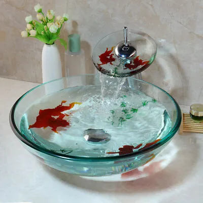£169.98 • Buy Bathroom Goldfish Clear Glass Basin Bowl Sink Mixer Waterfall Tap Waste Drain 