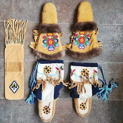 Vintage Native American Leather Beaded Moccasins Mitts & Pouch - Boots - Suede • $437.87