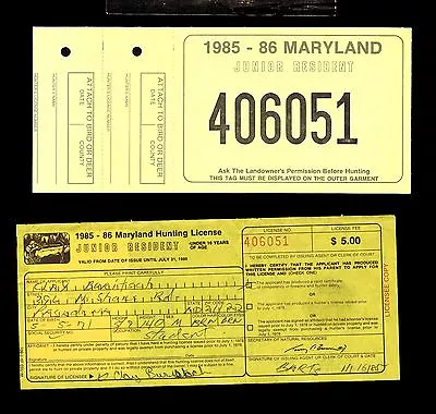 1985 Maryland Jr. Resident License W/ Stamps & Tag Complete - Vf  (esp#7111)  • $18.88