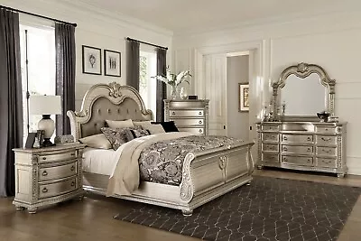 SALE Queen Or King 5PC Silver Gray Master Bedroom Set W/ Marble Top Bed/D/M/N/C • $3499.99