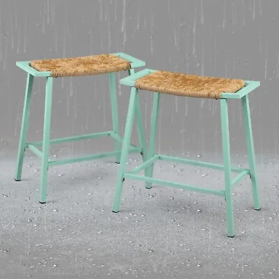 OUllUO 26  Green Wicker Bar Saddle Stools Set Of 2 Rope Rattan Counter Height • $95.99