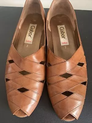 Gabor Sandals Shoes Leather 7 40 Tan Brown Small Wedge Peep Toe Open VGC Slip On • £24