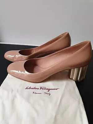 Salvatore Ferragamo Patent Pink Lucca Gold Flower Heel Pumps EU40 US9.5 UK7.5 • $795