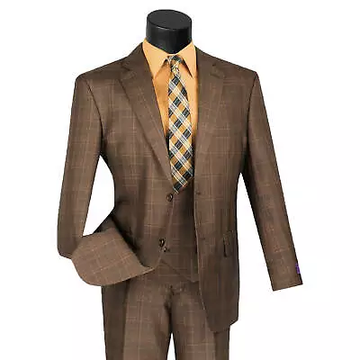 VINCI Men's Brown Sharkskin Glen Plaid 3 Piece Suit Reg Fit - NEW • $130