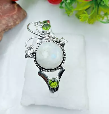 Moonstone & Peridot Gemstone 925 Sterling Silver Jewelry Cuff Bracelet • $14.44