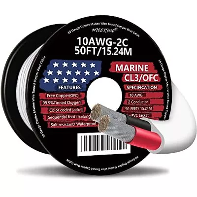 10 Gauge Duplex Marine Wire Tinned Copper Boat Cable 50ft 10 AWG Standard US... • $97.10