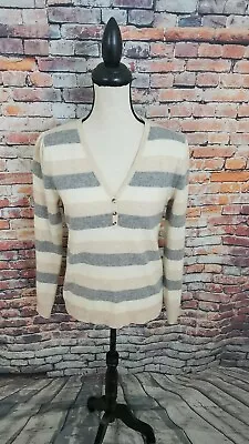 Mainbocher Beige Grey Stripe V-Neck 2 PLY CASHMERE Henley Pullover Sweater Sz M • $26.99