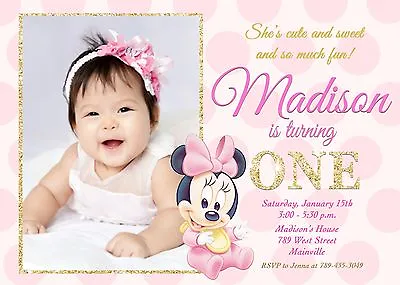 Minnie Mouse Pink And Gold Baby First Birthday One Year Party Invitation • $8.99
