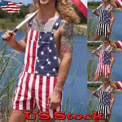 US Mens American Flag Print Shorts Suspender Jumpsuits Bib Pants Casual Overalls • $16.19