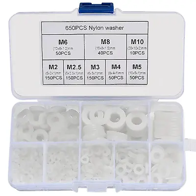 650 Pcs White Nylon Flat Washer Assortment Kit Round Flat Nylon Washers For Hou • $10.85