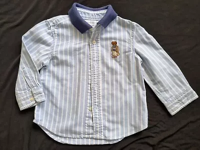Ralph Lauren Toddler 12m Baby Boys Dress Shirt Bear Logo Stripe Blue White • $26
