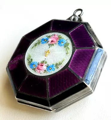 Vintage  B Co. Sterling Silver Guilloche Enamel Compact Purple Heavy Case Roses • $96