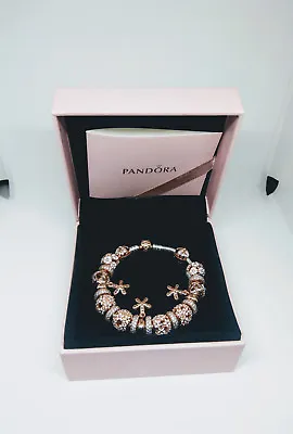 $1650 • Buy PANDORA Rose MOMENTS Silver Bracelet With Rose Clasp 18cm Including Charms