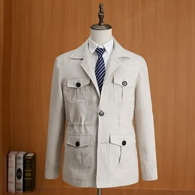 Men's Safari Jacket Linen Retro Hunting Coat Four Pockets Slim Fit Casual Jacket • $39.99