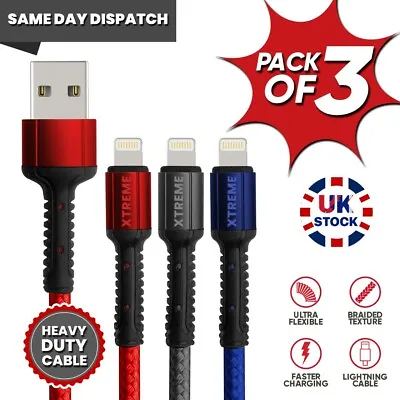 £7.99 • Buy Heavy Duty Braided Charging USB Charger Cable 1M 2M 3M For IPhone X 11 8 7 IPad