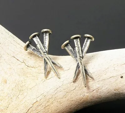 Antiqued Solid 925 Sterling Silver Triple Nails Post Stud Earrings Unique Gothic • $22.50