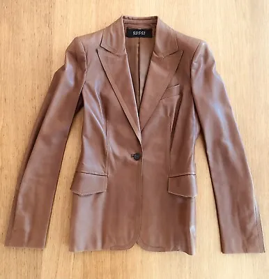 $359 • Buy Gucci Womens Pre Owned Leather Jacket Blazer 38 Cognac Brown