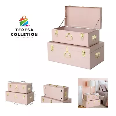 Decorative Metal Box Storage Trunks Set Of 2 College Dorm Chest With Handle Pink • $214.99