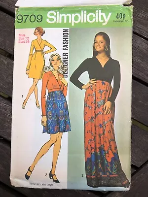 Vintage Simplicity Sewing Pattern 9709 Maxi Or Short Dress Size 12 Unused 1970's • £4.50
