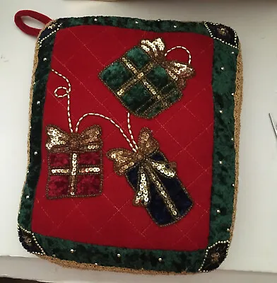 $14.90 • Buy Vintage Red Velvet Christmas Pillow W Red, Green Blue Appliqués Sequins Beads