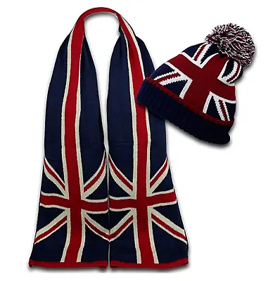 Union Jack Woolen Scarf With Beanie Set Women’s Blue British Flag Print Scarves • £18.75