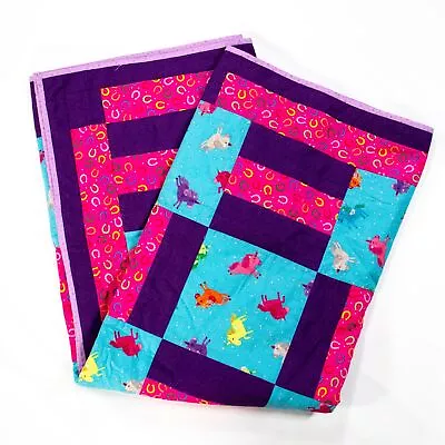 Handmade Quilt Baby Toddler Lap Unicorns Purple Cotton Fabric Patchwork 45x60 • $46.98