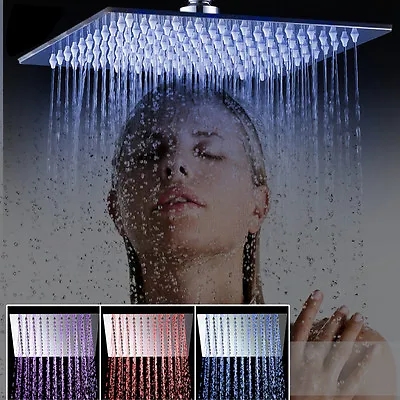 LED 20   Bathroom Shower Head Chrome Brass Square Rainfall Wall Ceiling Mounted • $139