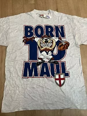 Vintage 90s T-shirt Taz Tazmanian Devil Born To Maul Rugby XL Nutmeg Tag WB Tag • £30