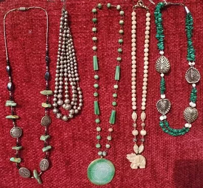 Elephant Lot Necklace Semi Precious Onyx Jade Turquoise 925 Silver Asian Green • $89.99