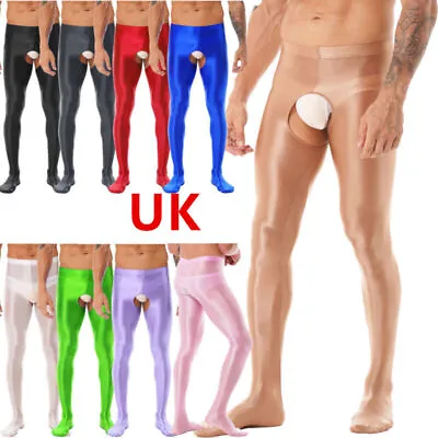 UK Men's Pantyhose Glossy Crotchless High Waist Translucent Tights Hollowed Out • £6.11