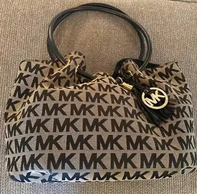 Michael Kors Purse East West Logo Canvas Black And Tan Ring Handle Bucket Mk Bag • $29.99