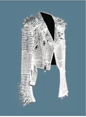New Men Punk White Full Long Silver Spiked Studded Brando Style Leather Jacket • $249