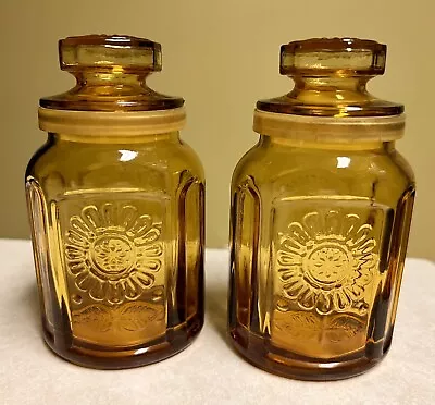 Wheaton NJ Amber Glass Embossed Sunflower Canisters Jars Set Of 2 Vintage 1970s • $25