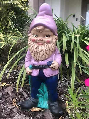 Vintage 80s Garden Gnome Purple Ceramic Hand Painted Cottage Core Fairy 12 Inch • £64.61