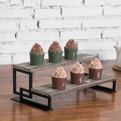 MyGift 2 Tier Rustic Torched Wood And Black Metal Dessert Display Riser Stand • $45.99