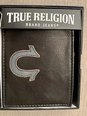 $26.31 • Buy True Religion Brand Jeans Sizer Black Leather Bifold Mens Wallet RFID NWT & Box