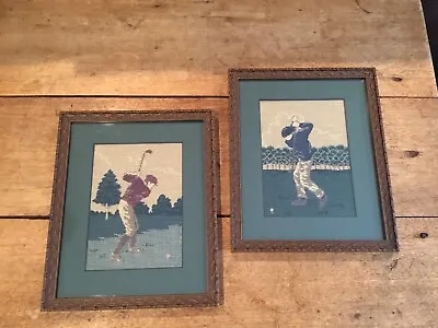 Vintage The Bombay Company Set Of 2 Framed Tapestry Golf Golfer Pictures Matted • $34.99