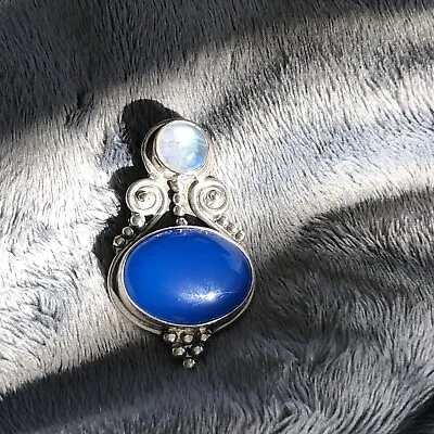 Rainbow Moonstone & Chalcedony Gemstone 925 Sterling Silver Pendant • $25