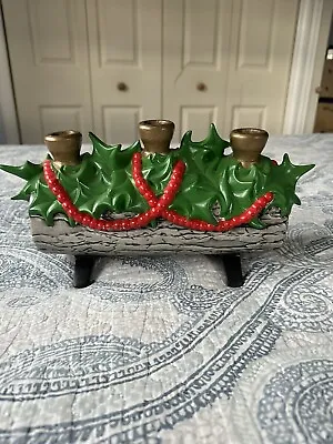 Vintage Atlantic Mold Christmas Yule Log Candle Holder Holly Berries Ceramic  • $39.99