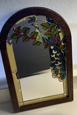 Vtg ANTIQUE Textured  Bird FLOWER MIRROR Stain Glass Like Hand Painted See Pics • $102.47