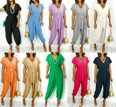 Womens V Neck Tie Belted Waist Parachute Wide Leg Jumpsuit Ladies Harem Playsuit • £15.90