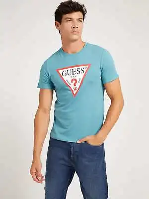 GUESS Men's T Shirt M1RI71 I3Z11  Front Logo Triangle Slim Fit Teal Green White • £32.99